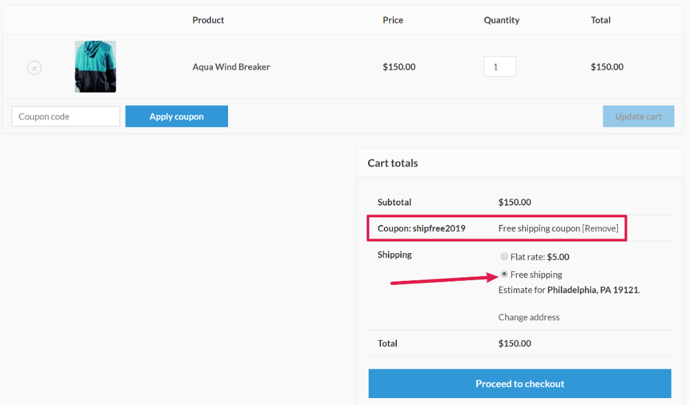 Example of WooCommerce free shipping coupon