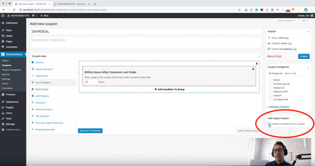 Auto apply coupon deal within 24 hours of last order in WooCommerce