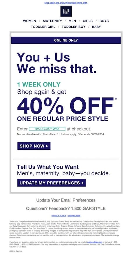 The Gap runs a reactivation campaign with a steep discount