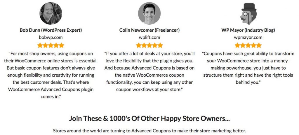 Customer reviews on the Advanced Coupons plugin website. 