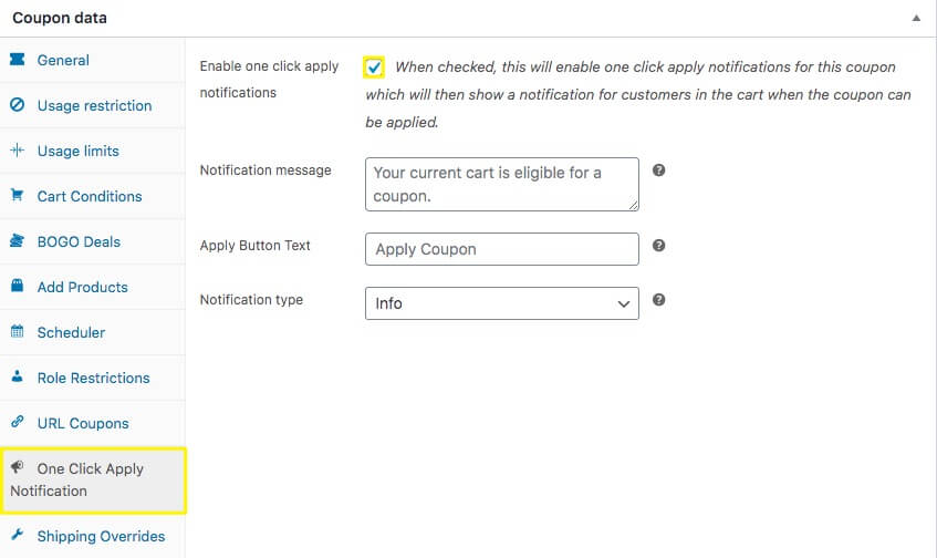 One-Click Apply Notification settings. 