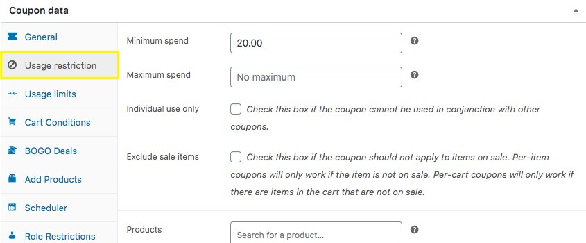Configuring the usage restrictions for a new coupon. 