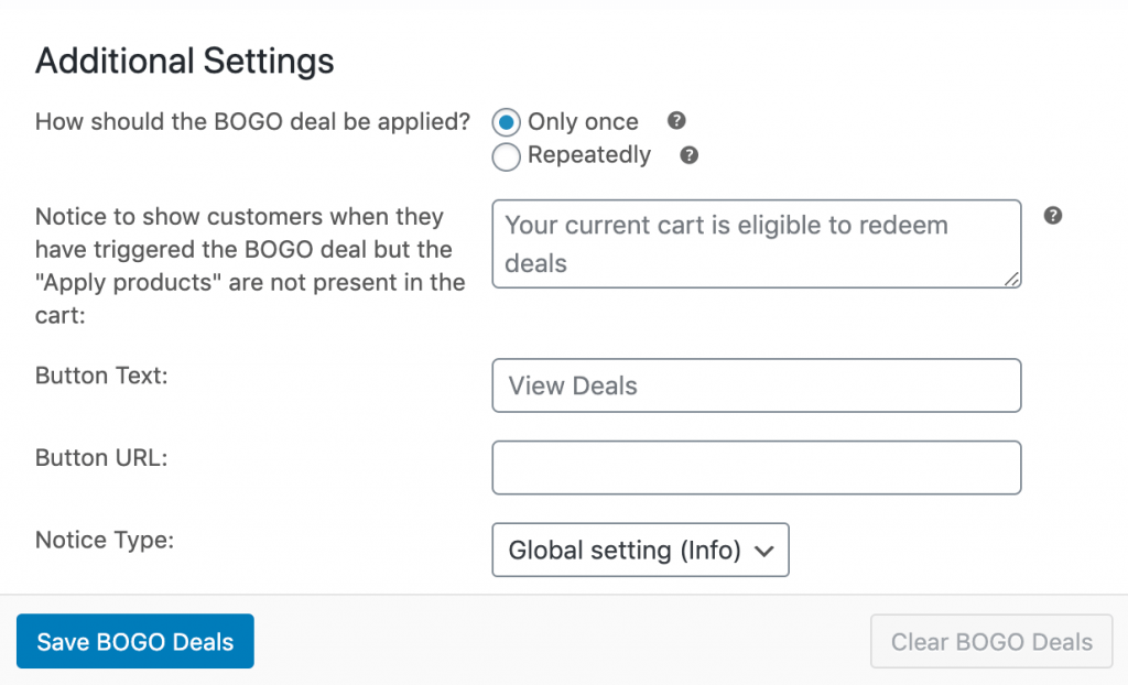 Configuring additional BOGO deal settings in Advanced Coupons.