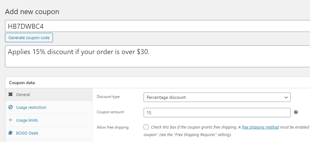 Creating a new coupon so we can add WooCommerce coupon restrictions