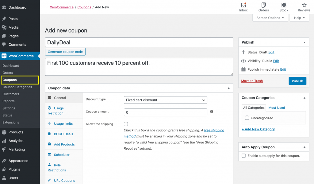 Creating a new daily deal coupon in WooCommerce.