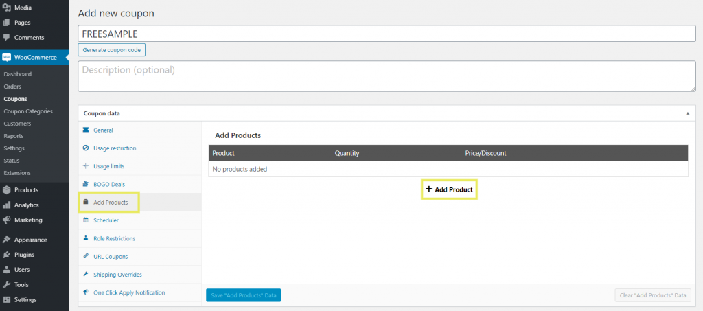 The 'Add Products' feature in the Advanced Coupons plugin for WooCommerce.
