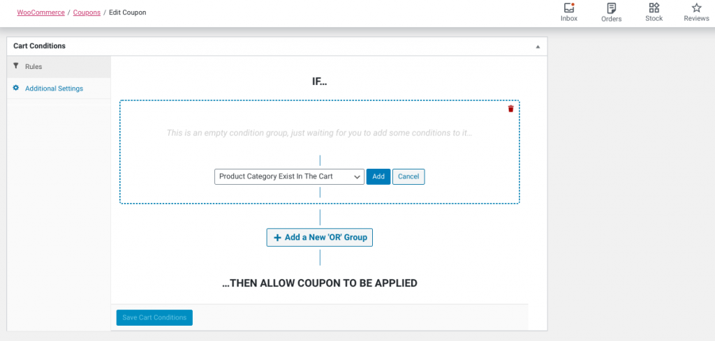The 'Cart Conditions' section in the Advanced Coupons plugin.