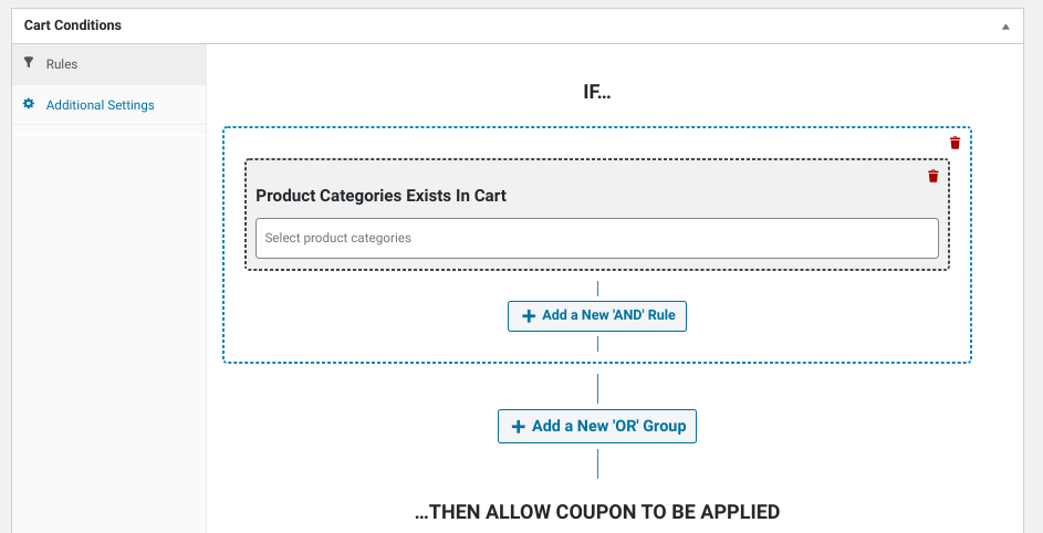 The 'Product Categories Exists in Cart' rule in Advanced Coupons Cart Conditions.