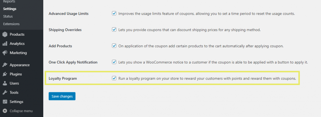 The setting to enable the Loyalty Program feature in the Advanced Coupons plugin.
