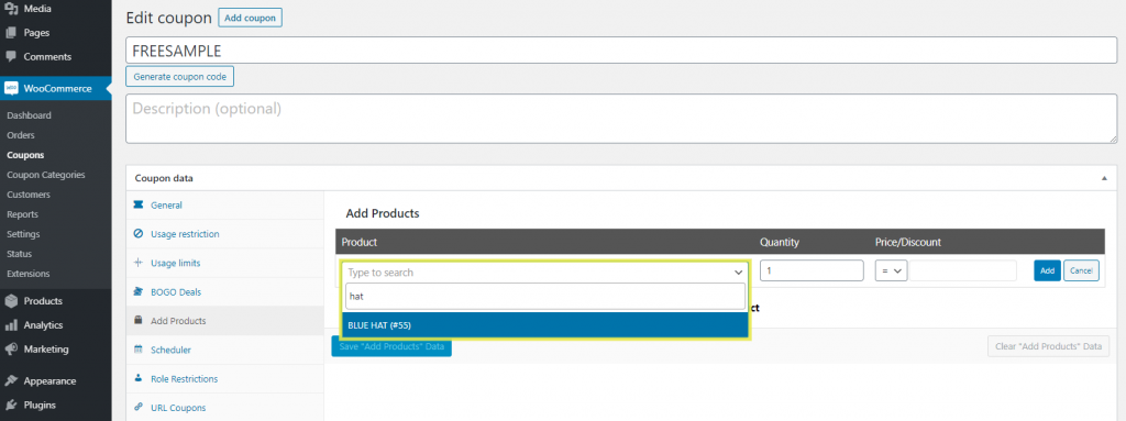 The 'Add Products' section in Advanced Coupons plugin.