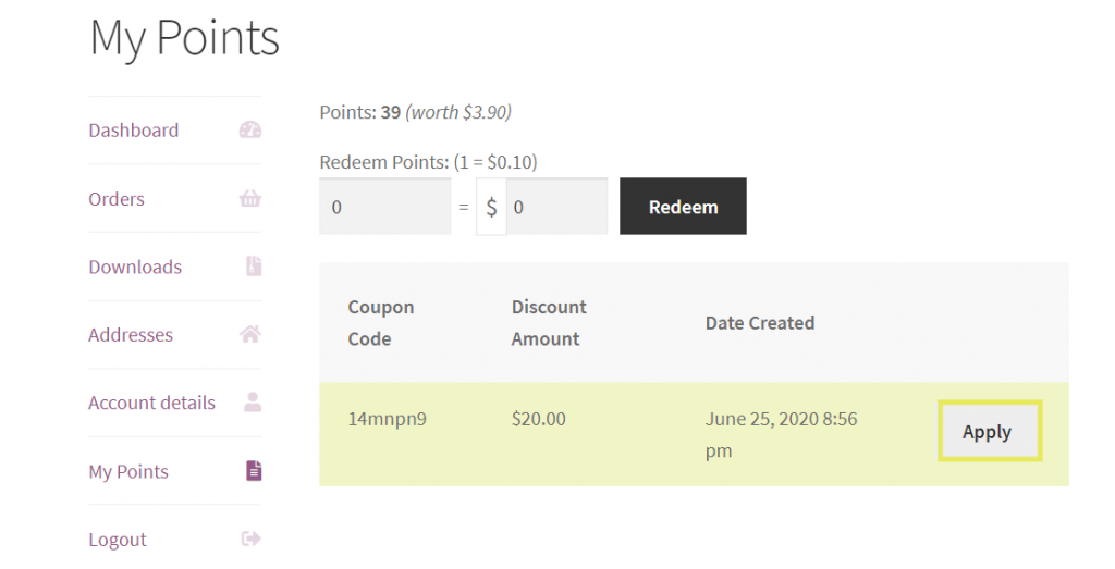 The option for WooCommerce customers to redeem their points for leaving a review with a coupon.
