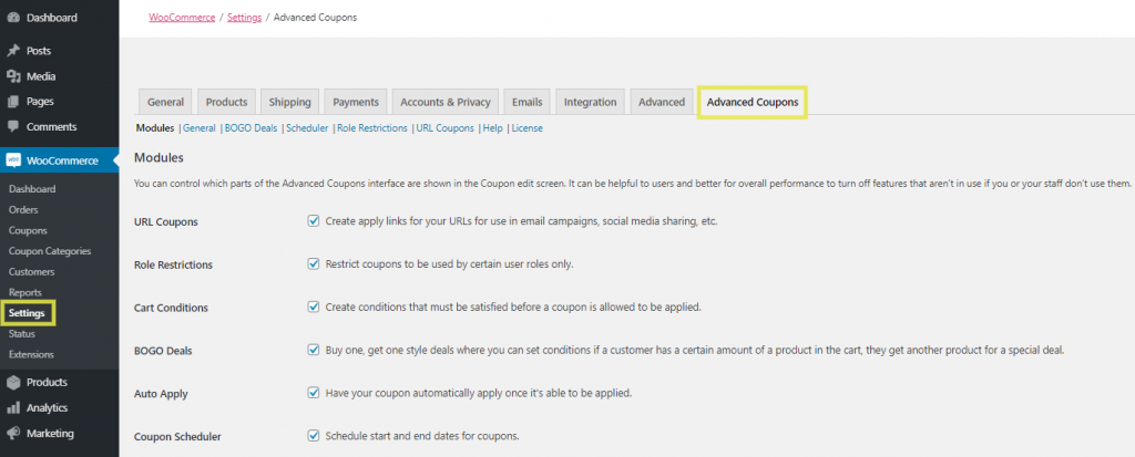 The Advanced Coupons tab in the WooCommerce settings.