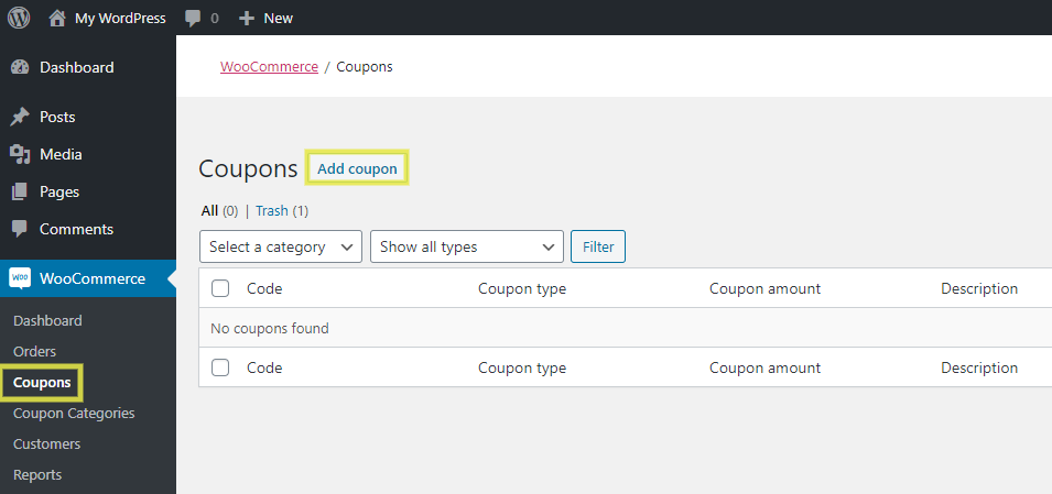 The WooCommerce Coupons page in WordPress.