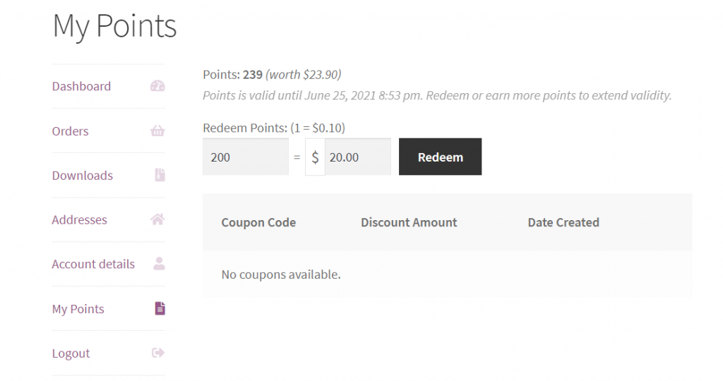 The 'My Points' page in WooCommerce where customers can redeem their points with a coupon.