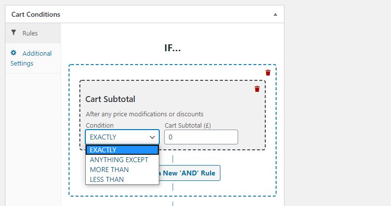 Adding cart subtotal coupon conditions.
