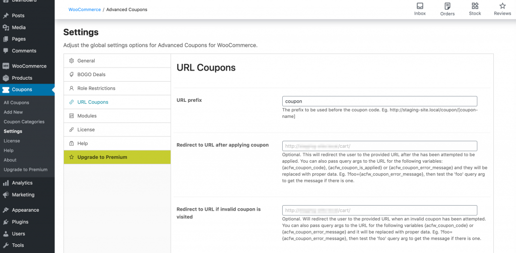 The Advanced Coupons URL coupons settings.