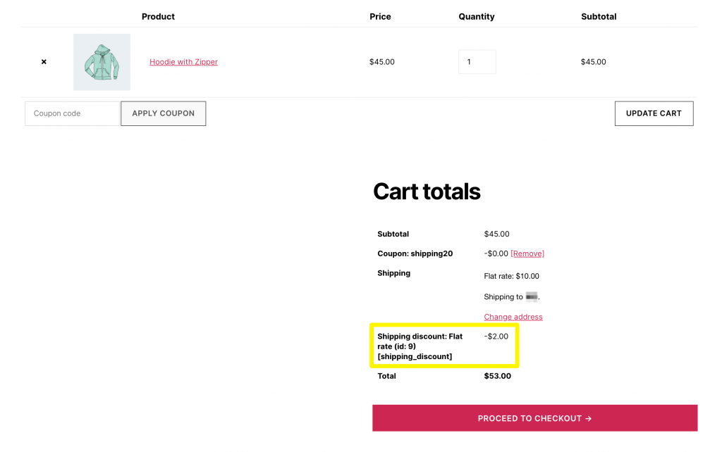 An example of a WooCommerce shipping discount applied with a coupon code.