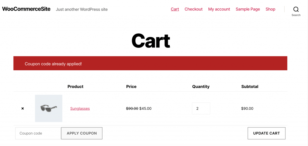 A checkout page, with a WooCommerce discount code applied. 