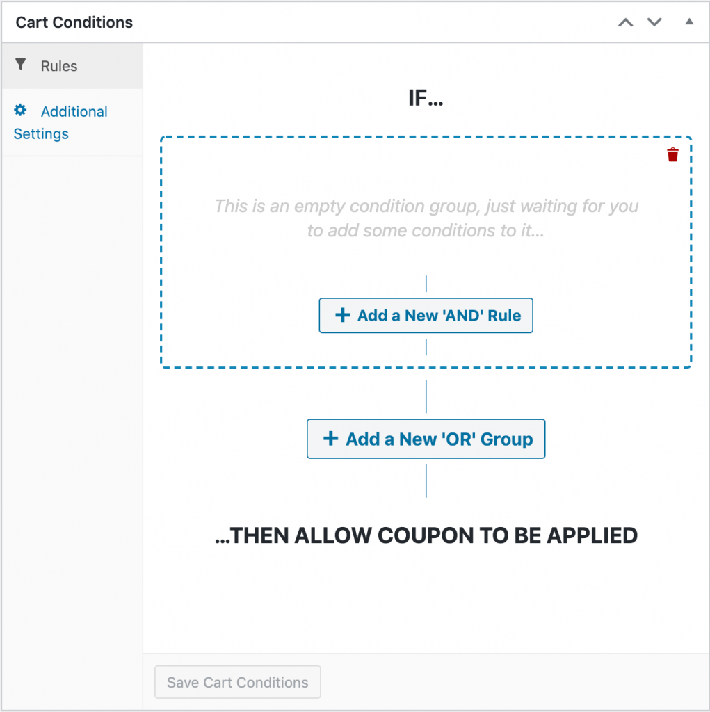 The Advanced Coupons Cart Conditions settings.