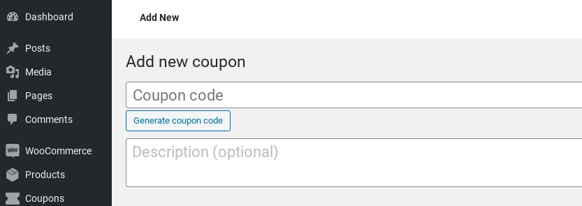 The 'Add new coupon' screen in WooCommerce.