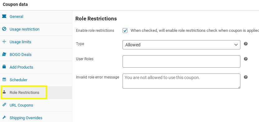 The 'Role Restrictions' coupon settings in the Advanced Coupons plugin for WooCommerce.