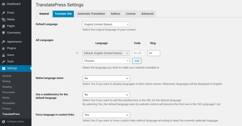 The settings screen of the TranslatePress plugin.