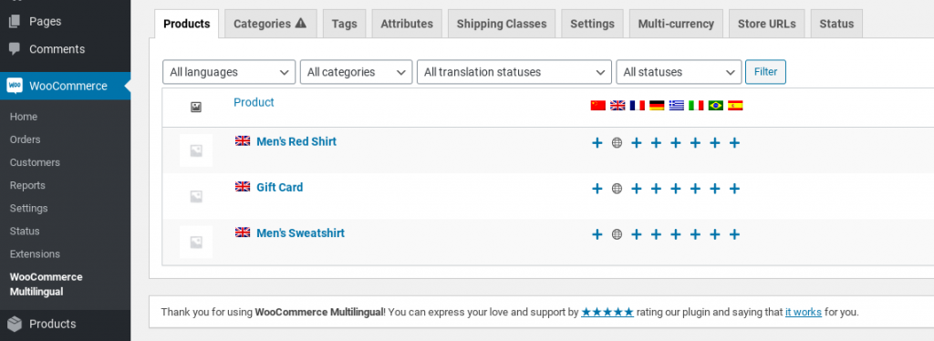 The WooCommerce Multilingual screen.