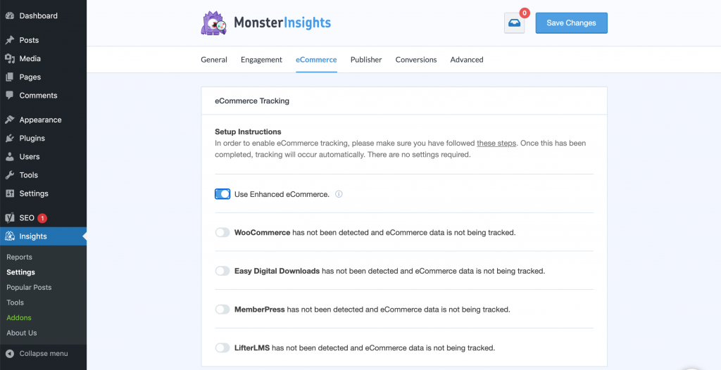 Enabling e-commerce reporting in MonsterInsights. woocommerce conversion tracking