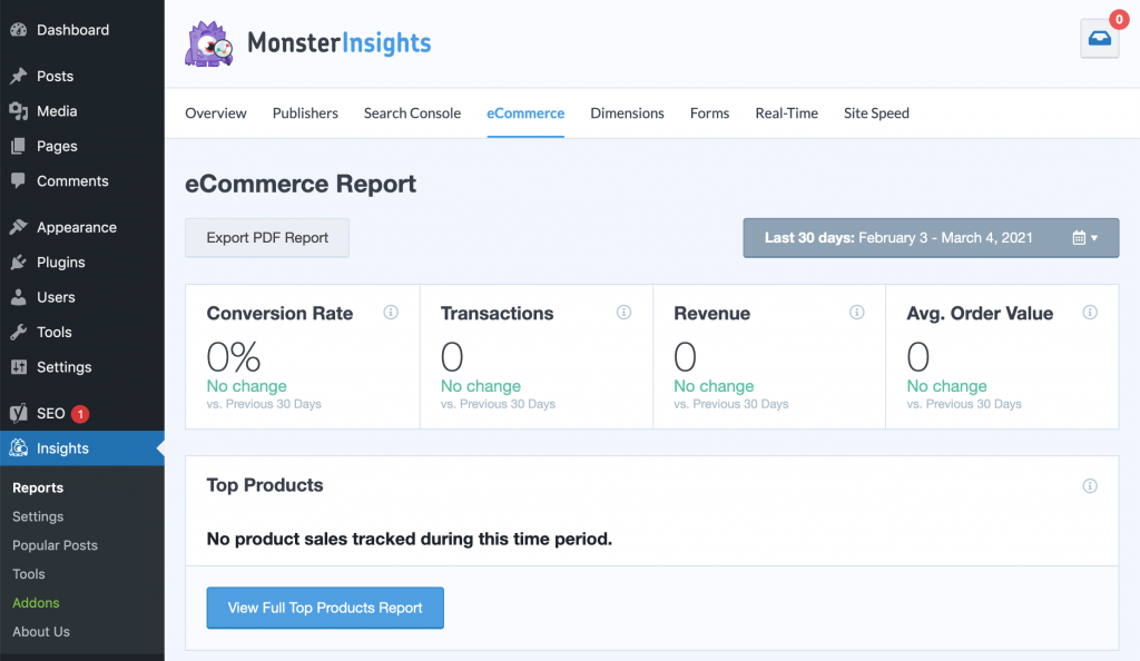 A MonsterInsights WooCommerce conversion tracking report.
