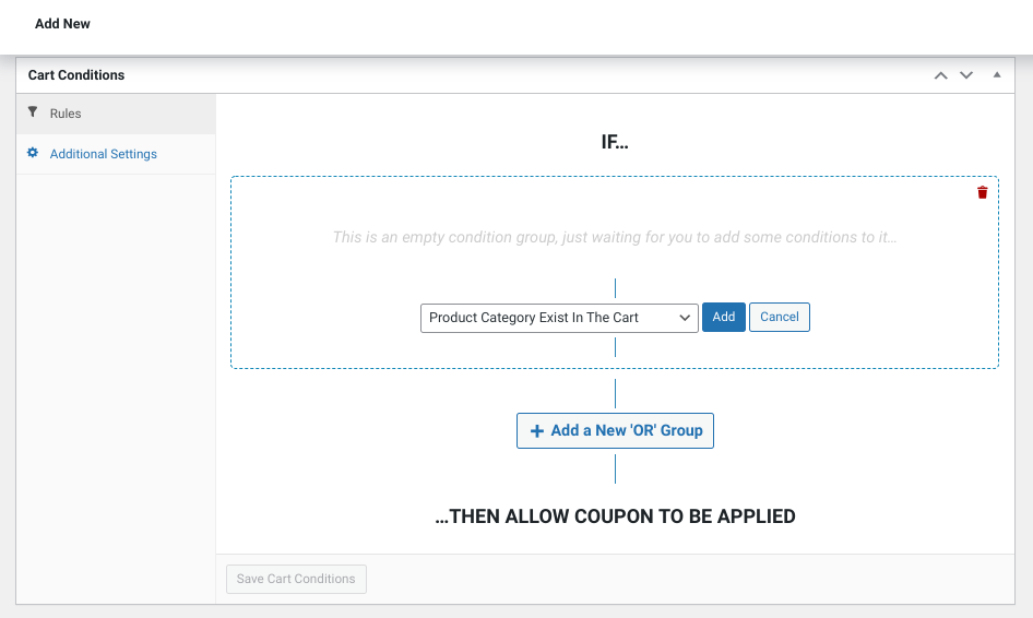 The cart conditions section of the Advanced Coupons plugin.