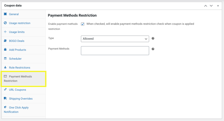 The Payment Methods Restriction tab of the Advanced Coupons plugin for creating WooCommerce discounts per payment method.