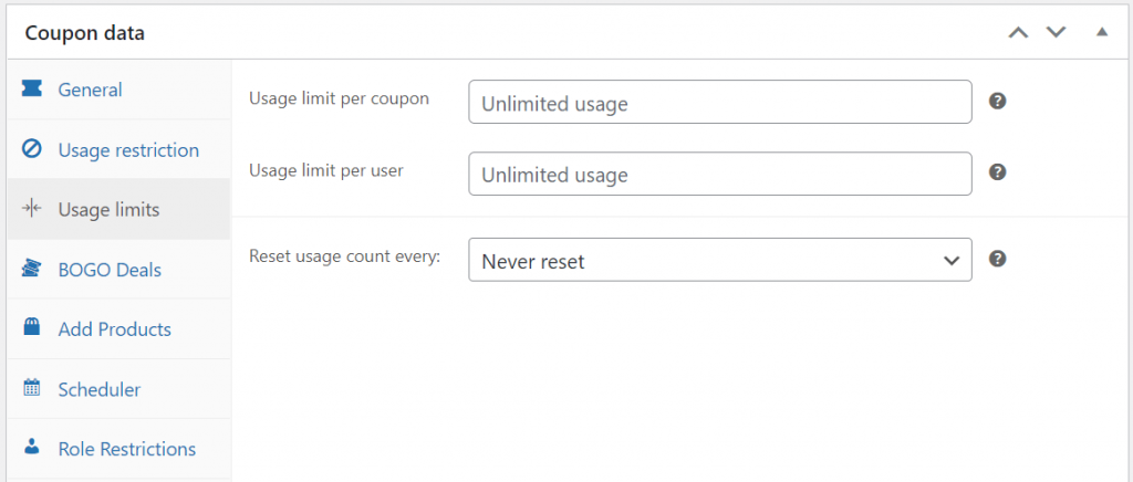 The section of usage limits, a simple way to create a WooCommerce one time use coupon.