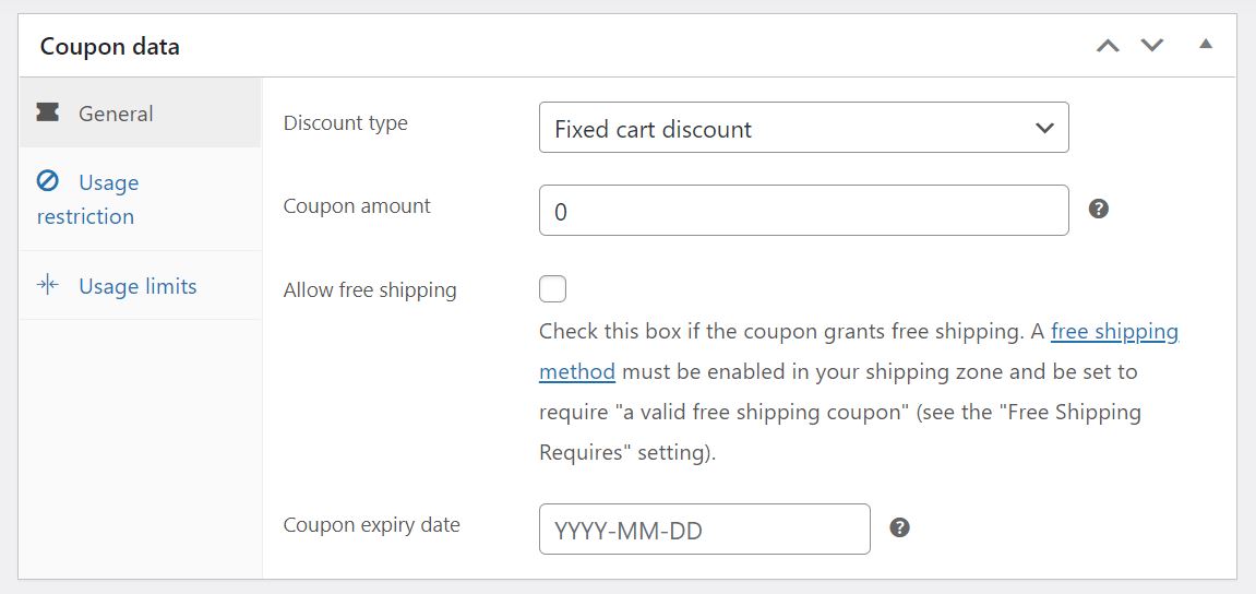 The options to set a discount type and coupon amount in WooCommerce coupons.