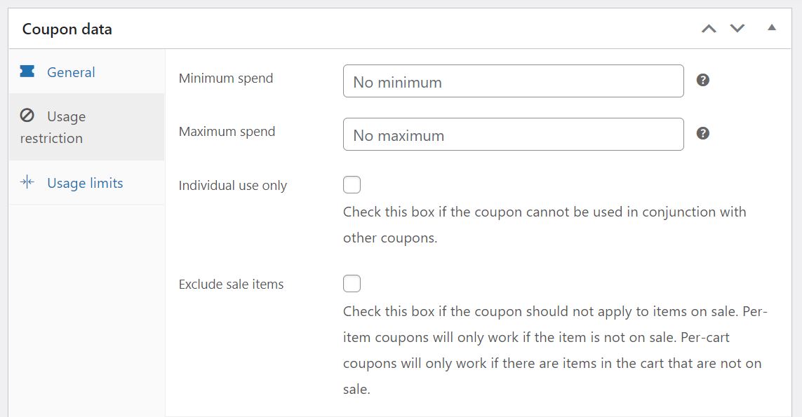 The Usage restrictions options in WooCommerce Coupons.