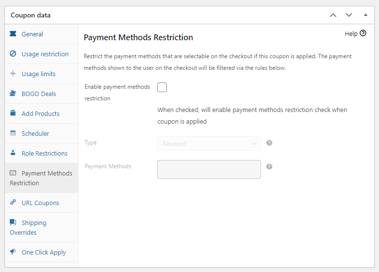 Help Content Showing On The Payment Methods Restriction feature in Advanced Coupons