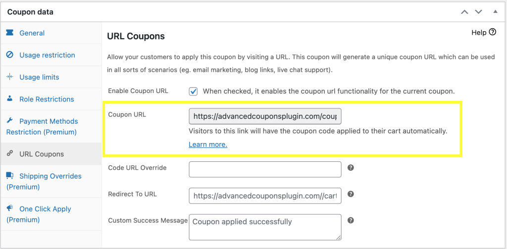 Coupon URL Setting