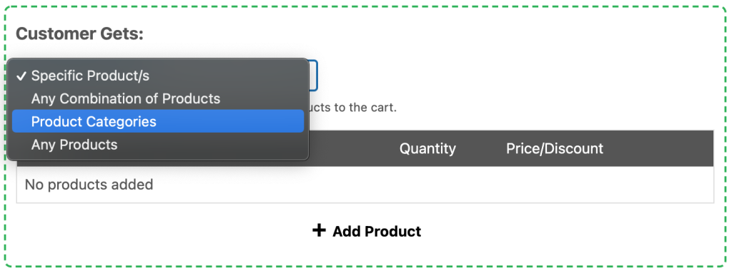 Selecting the "Get" Type that determines what the customer will obtain upon deal fulfillment