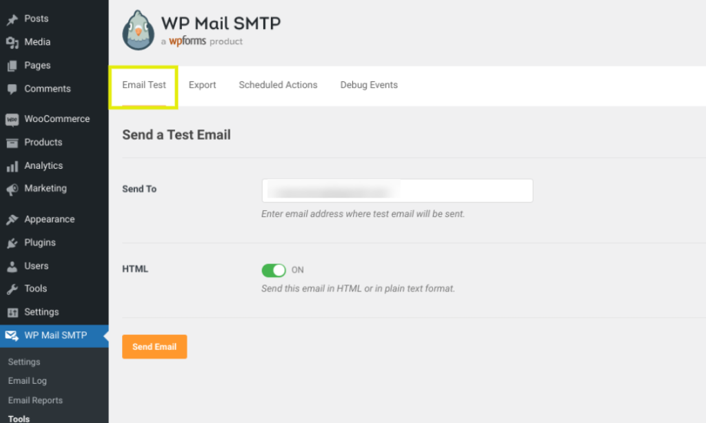 The option to send a test email in WooCommerce via plugin.