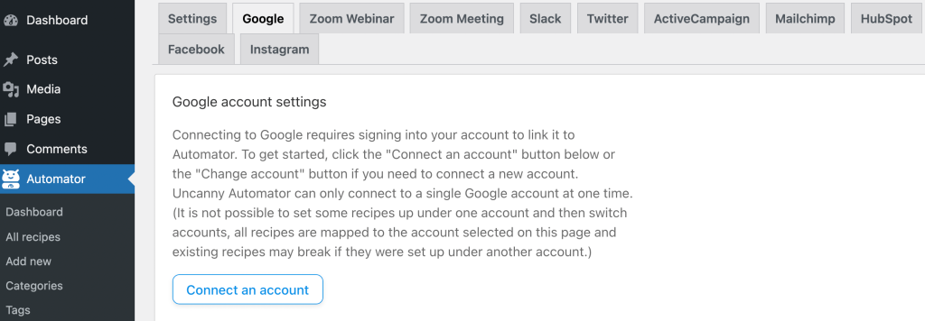Connecting a Google Account to the Uncanny Automator plugin.