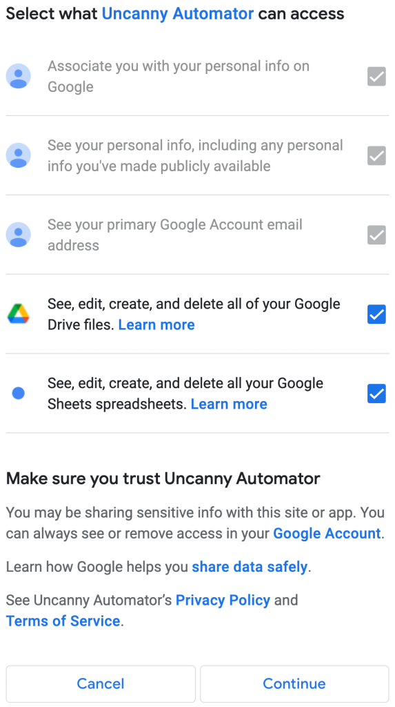 Access settings for a Google Account linked to the Uncanny Automator plugin. WooCommerce Google Sheets