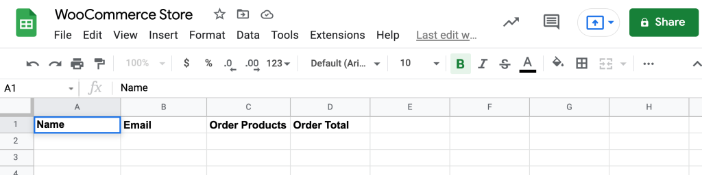 Google Sheets spreadsheet for a WooCommerce store. WooCommerce Google Sheets