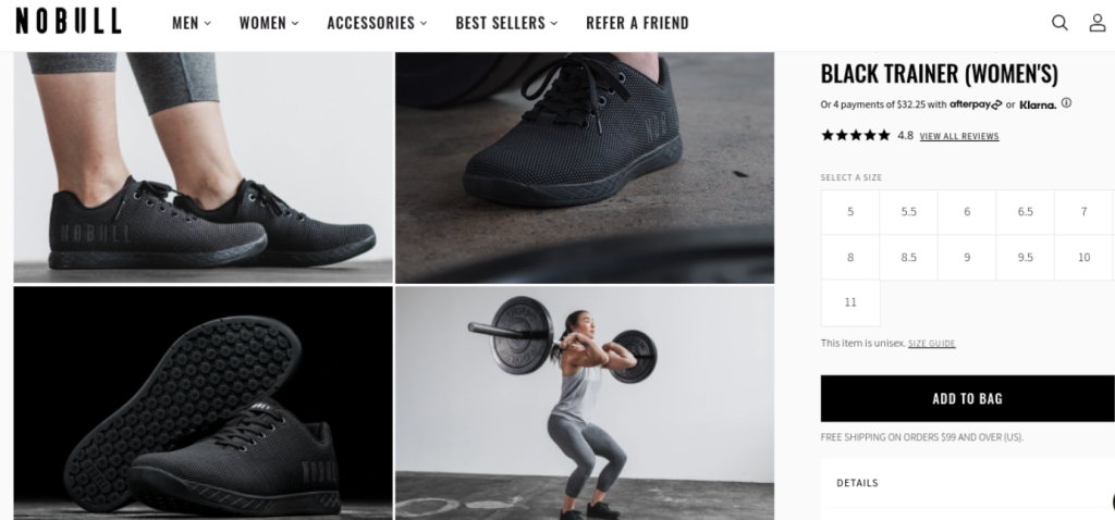 A product image gallery showing multiple viewpoints of a sneaker. 