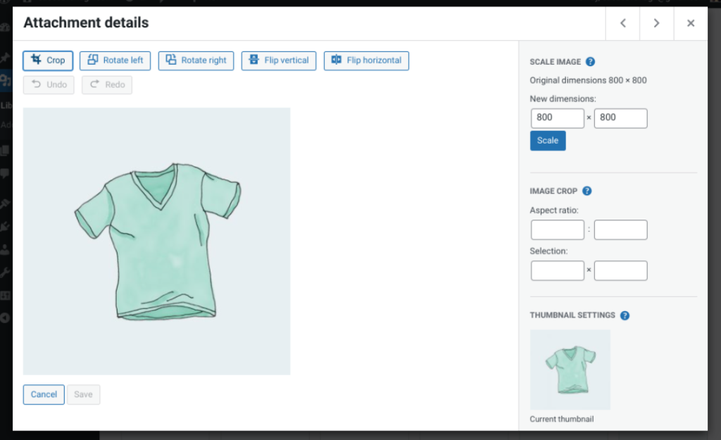 Resizing a product image in WordPress.