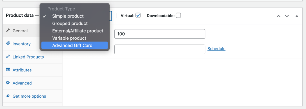 Advanced Gift Cards in the product type option