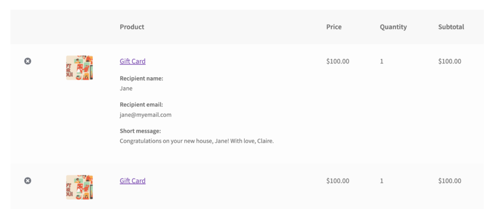item row for sending email gift vouchers