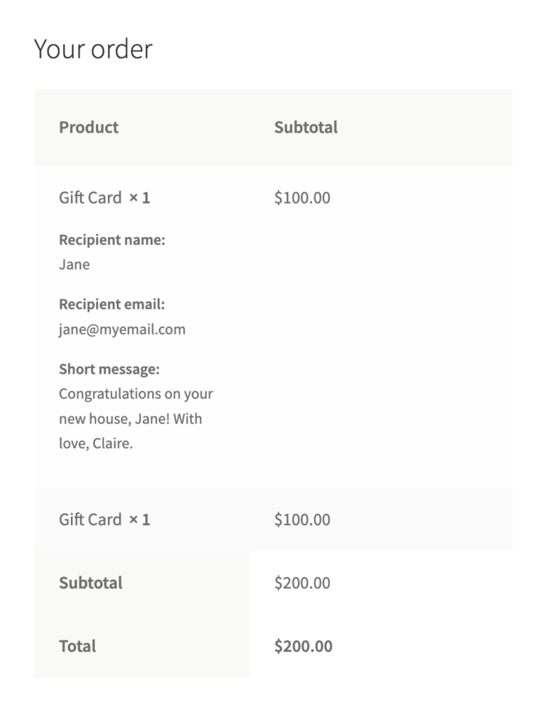 Order details table for gift cards