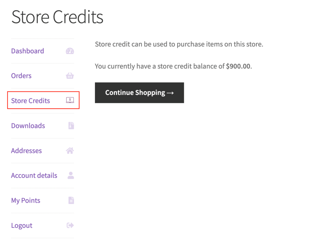 Store Credits tab