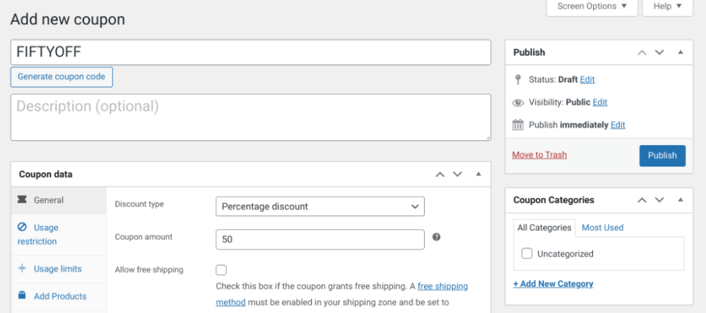 Adding a new coupon in WooCommerce.