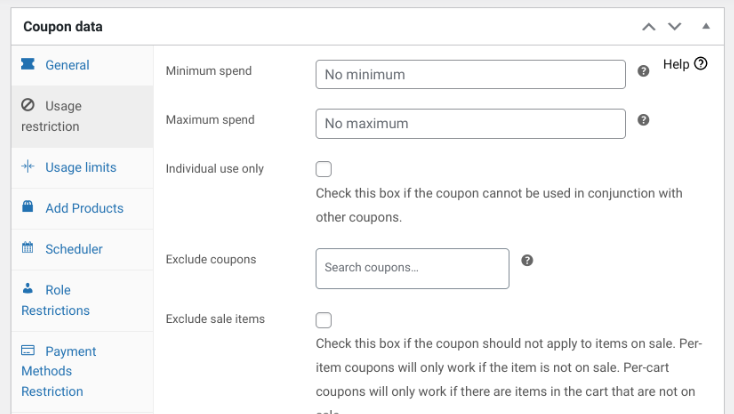 The Usage restriction options in the Advanced Coupons plugin.