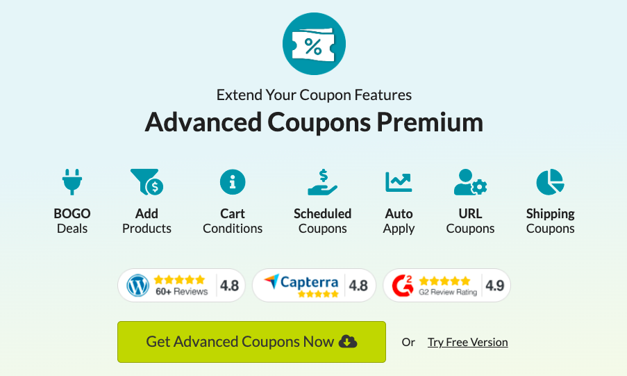 Advanced Coupons gives you the option to create complex Buy 2 Get 1 Half Price deals in WooCommerce
